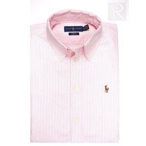 NWT Polo Women LS Classic Fit Oxford Shirt Pink/White Stripe MSRP $128.00